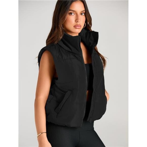 AUTOMET Puffer Vest Women Sleeveless Winter Cropped Outerwear Warm Puffer - Picture 5 of 7